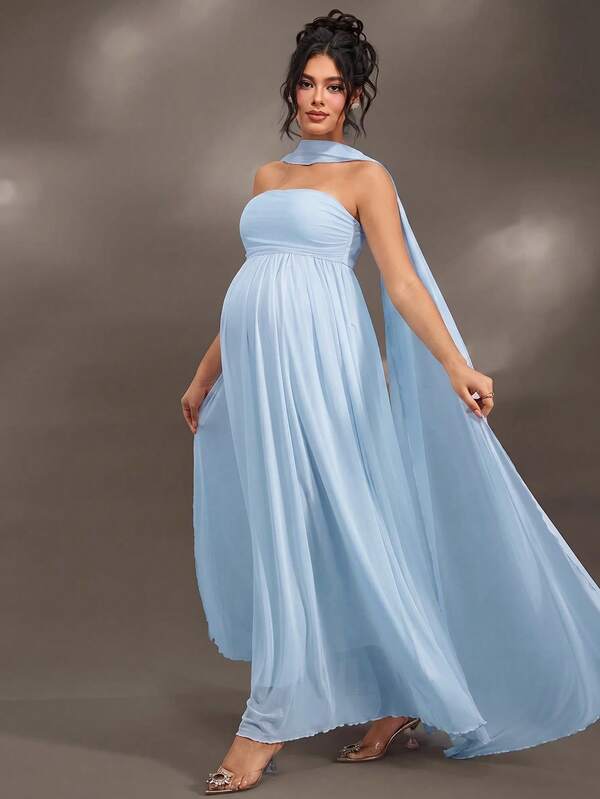 Cheriluna Maternity Christmas Party Dress/Elegant Party Dresses/Baby Shower Party Dress Pleated Detail Solid Color Off-Shoulder Elegant Sleeveless Maternity Photography Outfit