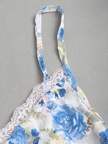 Sunnyshic Summer Vacation Mesh Printed Spaghetti Strap Dress, Sweet Girl Lace Patchwork, Suitable For Dating, Casual, Vacation And Various Occasions - Blue and White - View 7