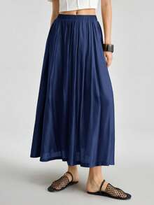 Ontre 2026SS New Summer Women's Green Pleated Loose Waist Skirt, Pleated Skirt, Graduation Skirt, Elegant Women's Vacation Skirt, Holiday Beach Music Festival Women's Elegant Ceremony Skirt, Festival Outfit, Beach Outfit, Women's Pleated Skirt - Navy Blue - View 4