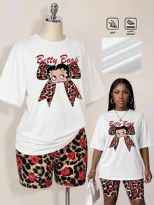 Slaydiva Betty Boop x SHEIN 大尺碼女款字母卡通印花短袖上衣與短褲休閒日常兩件套 - 彩色 - 查看 5