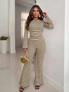 Xyvia Green And White Striped Casual Bell Sleeve T-Shirt And Bell Bottom Pants Set, Minimalist Fashion Style, Suitable For Spring And Autumn Wear, Spring And Autumn Outfit - Multicolor - View 7