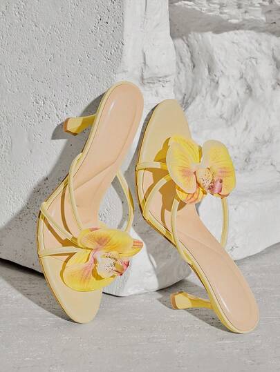 SHUZIA Women's -Heel Round Toe Orchid Floral-Decor Multi-Strap Satin Yellow Sandals – Elegant, Chic & Statement-Making