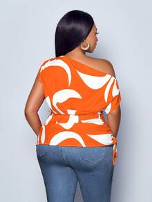SOLERSUN Blusa asimétrica con hombro descubierto, cordón y fruncido lateral de talla grande con estampado geométrico para mujer, Estampado aleatorio, Top con un solo hombro - Naranja - Ver 3
