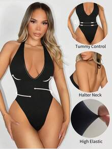 Sirith Body sin costuras de cuello en V profundo de punto - Negro - Ver 1