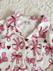 SHEIN 女嬰可愛粉色甜美蝴蝶結圖案開襟衫與長褲2件套居家服，秋冬款 - 彩色 - 查看 3