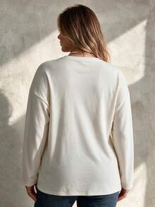 Elegantrix Blusa de mujer talla grande estilo francés elegante casual color crema blanco con encaje patchwork abertura lateral diseño holgado manga larga otoño chic brunch formal - Albaricoque - Ver 5