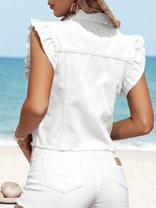 EMERY ROSE Chaqueta de mezclilla de manga corta con volantes casual de verano para tallas grandes - Blanco - Ver 2