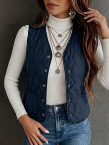SHEIN Thermal Lined Padded Vest Winter Clothes Jacket - Navy Blue - View 4