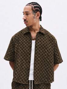 SUMWON Mens Short Sleeve Button-Up Shirt Co-Ord With Diamond Monogram Jacquard Pattern Summer Casual Matching Set - Coffee Brown - View 3