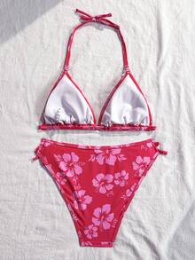 SHEIN 少女沙滩度假夏季粉色碎花吊带比基尼上衣 - 玫紅色 - 查看 2