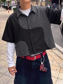 SWAVVY 男士拼接格紋短袖單排扣休閒襯衫 - 黑色 - 查看 6
