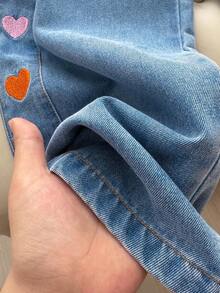 SHEIN Tween女孩牛仔褲 2026秋冬新款 女孩復古做舊寬腿牛仔褲 可愛愛心刺繡 Y2K 學院風 街頭風 - 藍色 - 查看 5