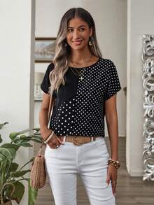 Rusticease Women's Polka Dot Print Round Neck Loose Casual Shirt, Short Sleeve,Short Sleeve Tops - Black and White - View 3