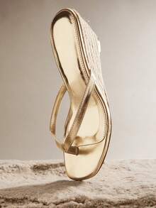 VACAZURE New Women's Black Faux Leather Pu Short Espadrille Thong Wedge, Slide-In Comfort Square Toe Spring Summer Chic Holiday Beach Fun Shoes - Gold - View 3