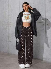 SHEIN PETITE 女款高腰波點圖案寬腿寬鬆休閒牛仔褲 - 棕色 - 查看 3