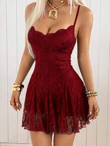 SHEIN EZwear 酒紅色休閒度假細肩帶迷你洋裝 - 酒紅色 - 查看 5