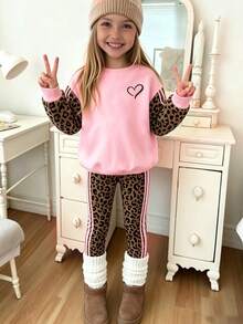 秋冬女童幼兒清新鏤空愛心粉色豹紋條紋設計基礎圓領衛衣與內搭褲套裝 - 彩色 - 查看 3