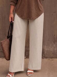 SHEIN LUNE New Plus Size Women's Fashion Casual Versatile V-Neck Coffee-Colored Striped Long Sleeve Pants Set - Multicolor - View 5