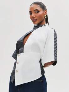 NYA SZN Top Short Sleeve Color Button Front Block Special Occasion Checkered Crossover School Office Work Wear Birthday Party Going Out Black White - Black and White - View 4