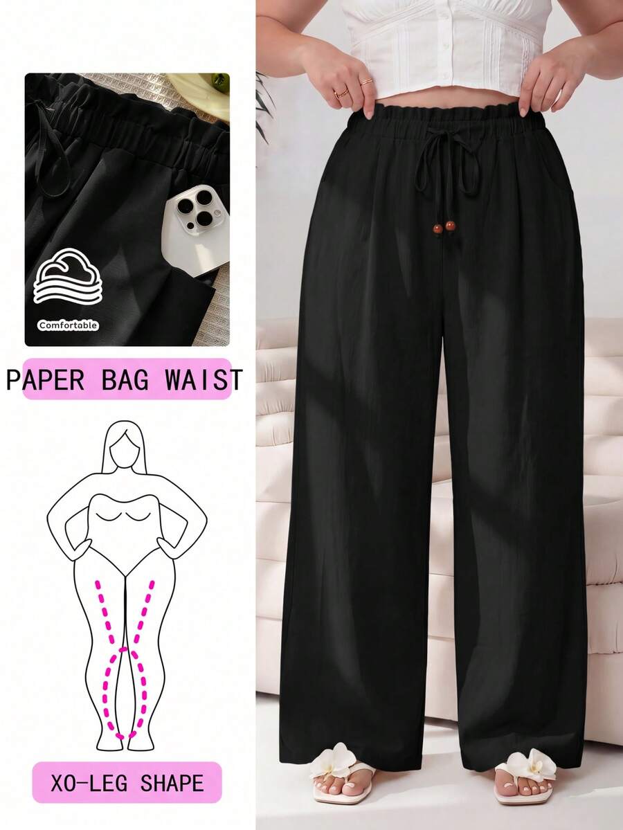 Solflare Plus Size Solid Color Casual Elegant Versatile Daily Travel Long Pants Vacation Black Summer - Black - View 1