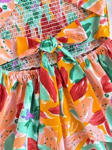 SHEIN Tween Girls Woven Tropical Plant Print Bowknot Decor Elastic Waist Short Dress - Multicolor - View 3