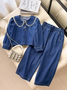 Conjunto de mezclilla para niñas, diseño de moda de estilo callejero casual y lindo, versátil para vacaciones, azul lavado medio, top de mezclilla corto con cuello Peter Pan, botones, patchwork, encaje y mangas abullonadas + pantalones de mezclilla sueltos con cintura elástica completa minimalista que combinan con todo, tela de mezclilla de algodón cómoda para uso diario, fiestas y escuela - Azul lavado medio - Ver 2