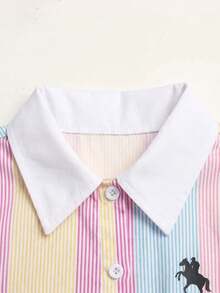 SHEIN Tween Girl Tween Girl Striped Knight Print Button Half-Placket Short Sleeve Dress - Multicolor - View 4