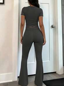 INAWLY Solva Ladies' Simple Solid Color Daily Wear Long Sleeve Top And Trousers Set - Dark Grey - View 4