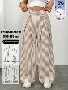 SHEIN PETITE 女款條紋寬腿褲，附褶皺細節，適合商務與通勤的時尚款 - 卡其色 - 查看 4