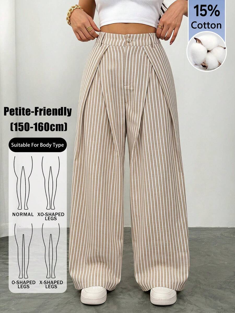 SHEIN PETITE Women's Striped Wide-Leg Pants With Pleated Details-Stylish For Business And Commuting - Khaki - View 1