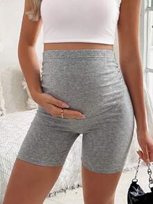SHEIN Maternity Solid Color Adjustable Waistband Fitted Ruched Shorts - Light Grey - View 4