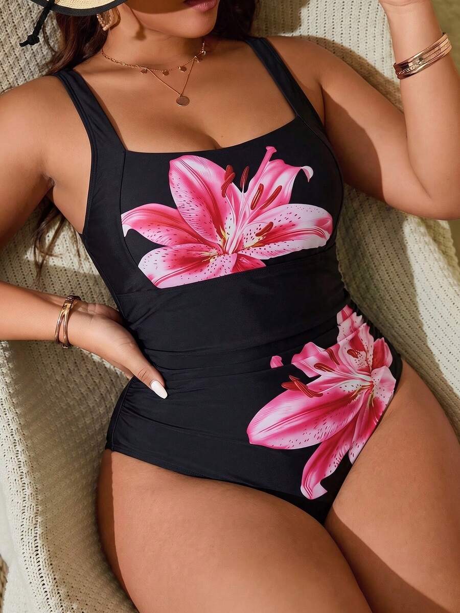 Swim Lushoire 2026新款春夏大尺碼女款連身泳衣,植物花卉局部印花搭配椰子樹飾品裝飾,適合海灘度假穿著 - 黑色 - 查看 1