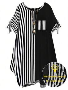 GlowEve CURVE Summer Vintage Loose Colorblock Black And White Round Neck Short Sleeve Bow Casual Plus Size Dress Formal Vacation Birthday - Black and White - View 5