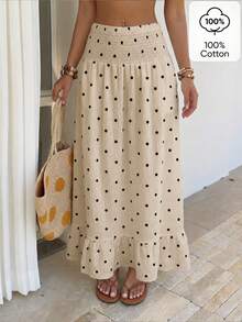 Sunnyshic Women's Spring/Summer Polka Dot Ruffle Hem Slimming Beach Casual Vacation Style Skirt - Apricot - View 1