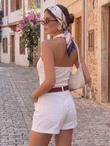 Cévolie Women's Colorblock Slim Fit Versatile Daily Wear Halter Neck Top - White - View 3