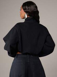 Denimoi High Neck Zip Front Barrel Sleeve Cinched Waist Denim Jacket Denim Cropped Jacket Fashion Denim - Black - View 6