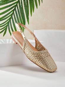 SHUZIA Ladies Elegant Crochet Woven PU Slingback Mules - Gold - View 6