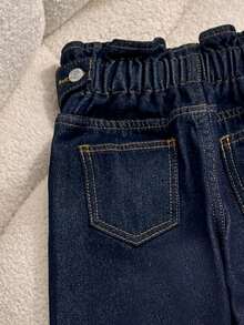 SHEIN Girls' Pastoral All-Match Versatile Ruched Waist Campus Style Fashion Denim Jeans - 深色水洗藍 - 查看 5
