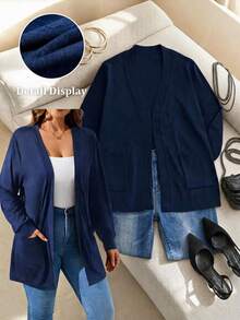 SHEIN Clasi Plus Size Black Long Sleeve Loose Knit Jacket With Pockets Winter Fall Autumn - Navy Blue - View 6