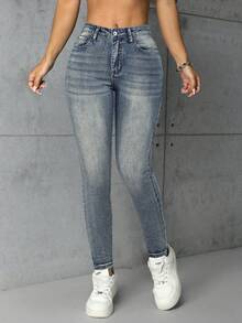 Jeanoix 女款性感鈕扣口袋牛仔褲，辣妹派對風 - 中等水洗藍 - 查看 4
