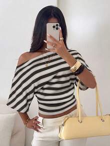 Aloruh Asymmetrical Shoulder Loose Top With Ruched Waist, Minimalist Basic T-Shirt - Apricot - View 6