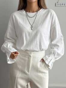 FRIFUL Women's Solid Color Round Neck Casual Long Sleeve T-Shirt - White - View 3