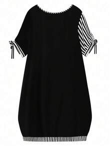 GlowEve CURVE Summer Vintage Loose Colorblock Black And White Round Neck Short Sleeve Bow Casual Plus Size Dress Formal Vacation Birthday - Black and White - View 2