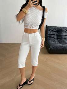 SHEIN EZwear 女款休閒百搭白色修身七分長褲 - 白色 - 查看 5