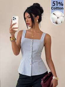 SHEIN Women's Spring/Summer New Blue & White Striped Pure Cotton Sleeveless Square Neck Slim Fit Single-Breasted Casual Top, Commute Daily Versatile Elegant Style, Minimalist European & American Style Camisole - Blue and White - View 1