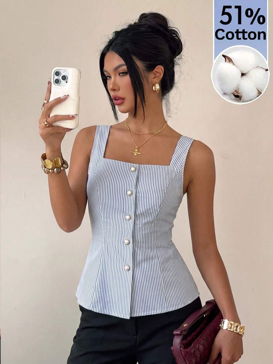 SHEIN Women's Spring/Summer New Blue & White Striped Pure Cotton Sleeveless Square Neck Slim Fit Single-Breasted Casual Top, Commute Daily Versatile Elegant Style, Minimalist European & American Style Camisole - Blue and White - View 1