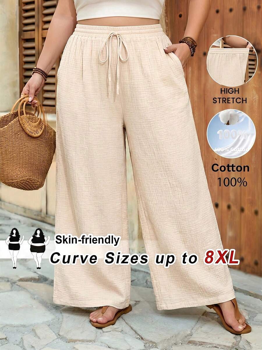 SHEIN CURVE+ Curve 尺码 US22 音乐节、海滨度假、波西米亚风女士夏季休闲沙滩装、时尚商务通勤优雅阔腿裤,带口袋,莲花粉色,夏季长裤/乡村/海滩度假装/沙滩装/沙滩服饰 - 杏色 - 查看 1