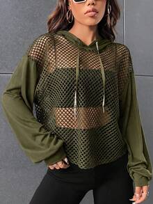 SHEIN EZwear 深綠色夏季健身房運動休閒風落肩抽繩網紗連帽衫，不含內搭背心，寬鬆低腰設計 - 軍綠色 - 查看 5