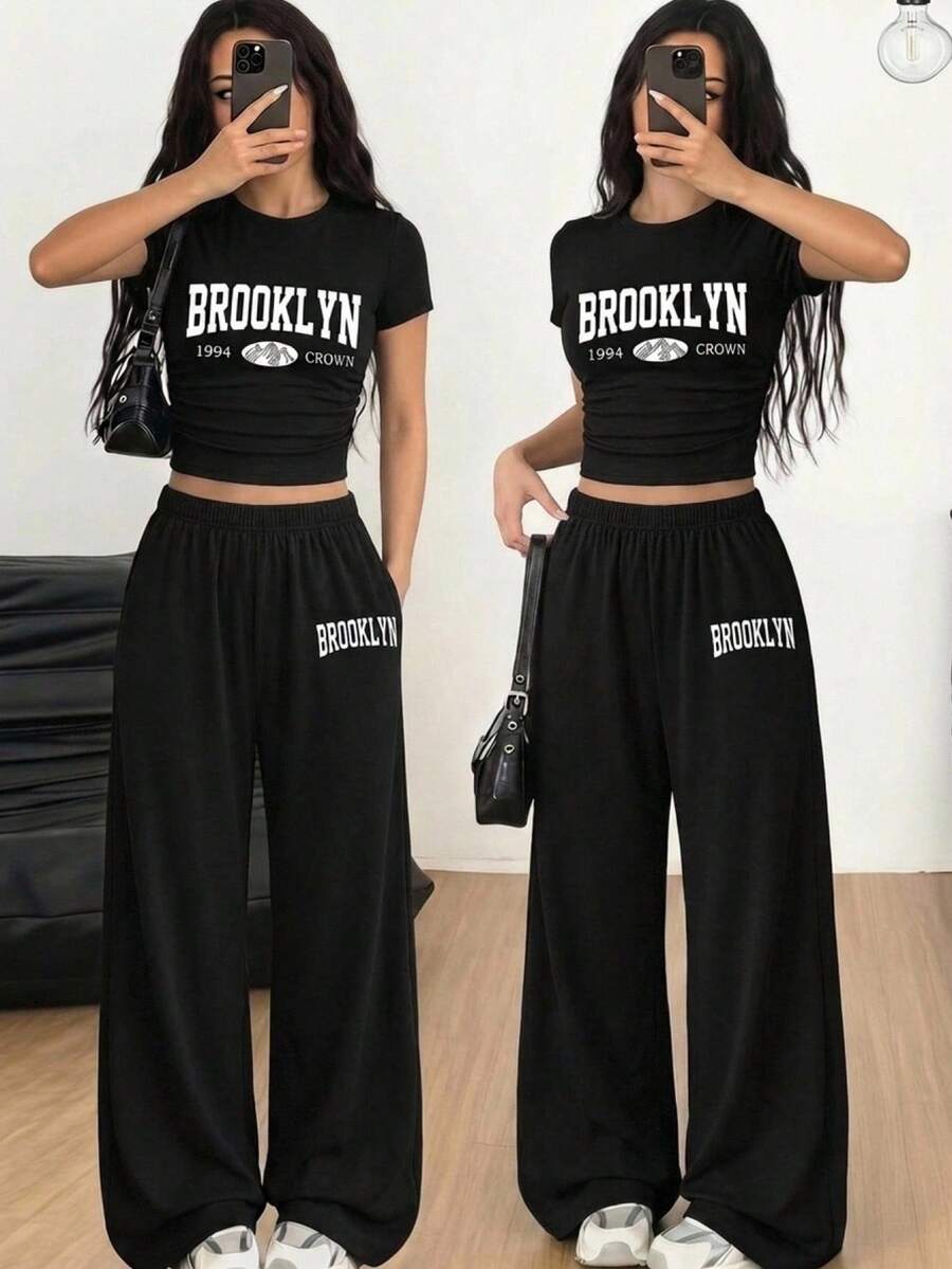 SHEIN 青少年女孩休閒日常百搭舒適寬鬆圓領短袖印花T恤與長褲套裝,夏季穿搭,柔軟針織,適合運動、外出、度假、旅行、學校、校園、大學等 - 黑色 - 查看 1