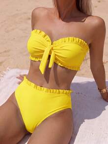 Swim Mod Women's Summer Beach Solid Color Ruffled Strapless Bikini Set - Yellow - View 7